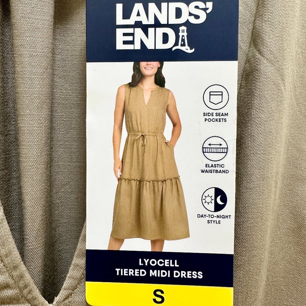 Lands' End Women's Lyocell Tiered Midi Dress Size S Tan Cottagecore Boho (NEW)